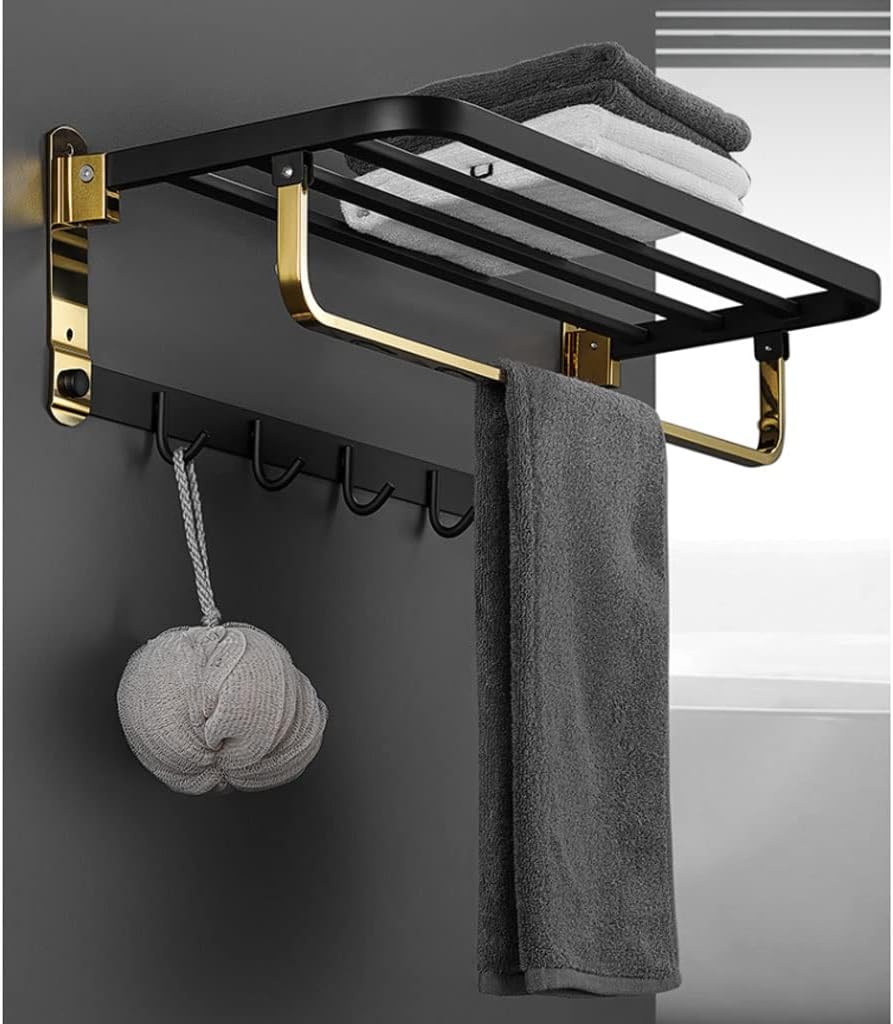 Bathroom Wall Mounted Towel Rack Stainless Steel Towel Rack Bathroom Wall-Mounted Folding Storage Rack with Hook Towel Holder Shelf Shower Room Accessorie Towel Bar, A-black Gold