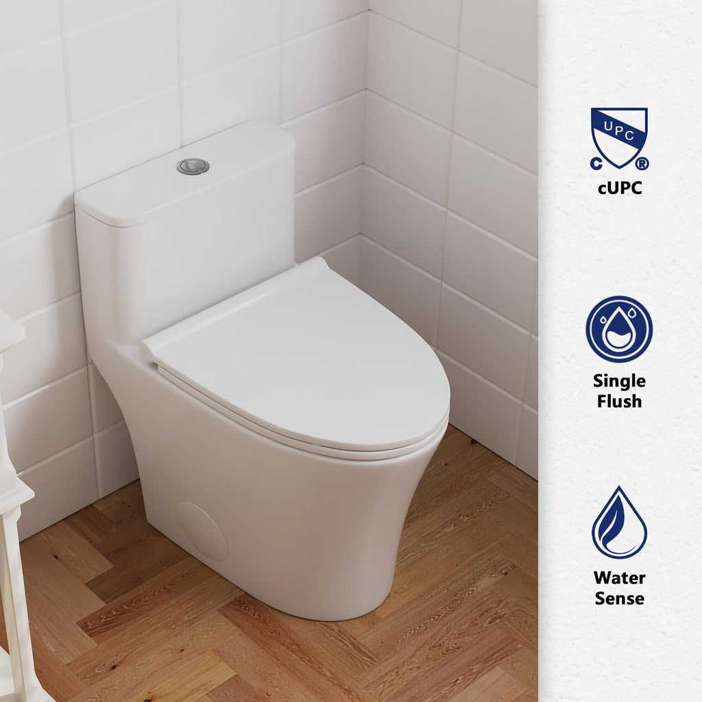 DeerValley Compact One Piece Toilet, Small Toilet for Bathroom with Comfort Wider Chair Seat, Modern Toilets Powerful Flush Tall Hight 12'' Rough-In Toilet White 23.6'D x 15.7'W x 26'H