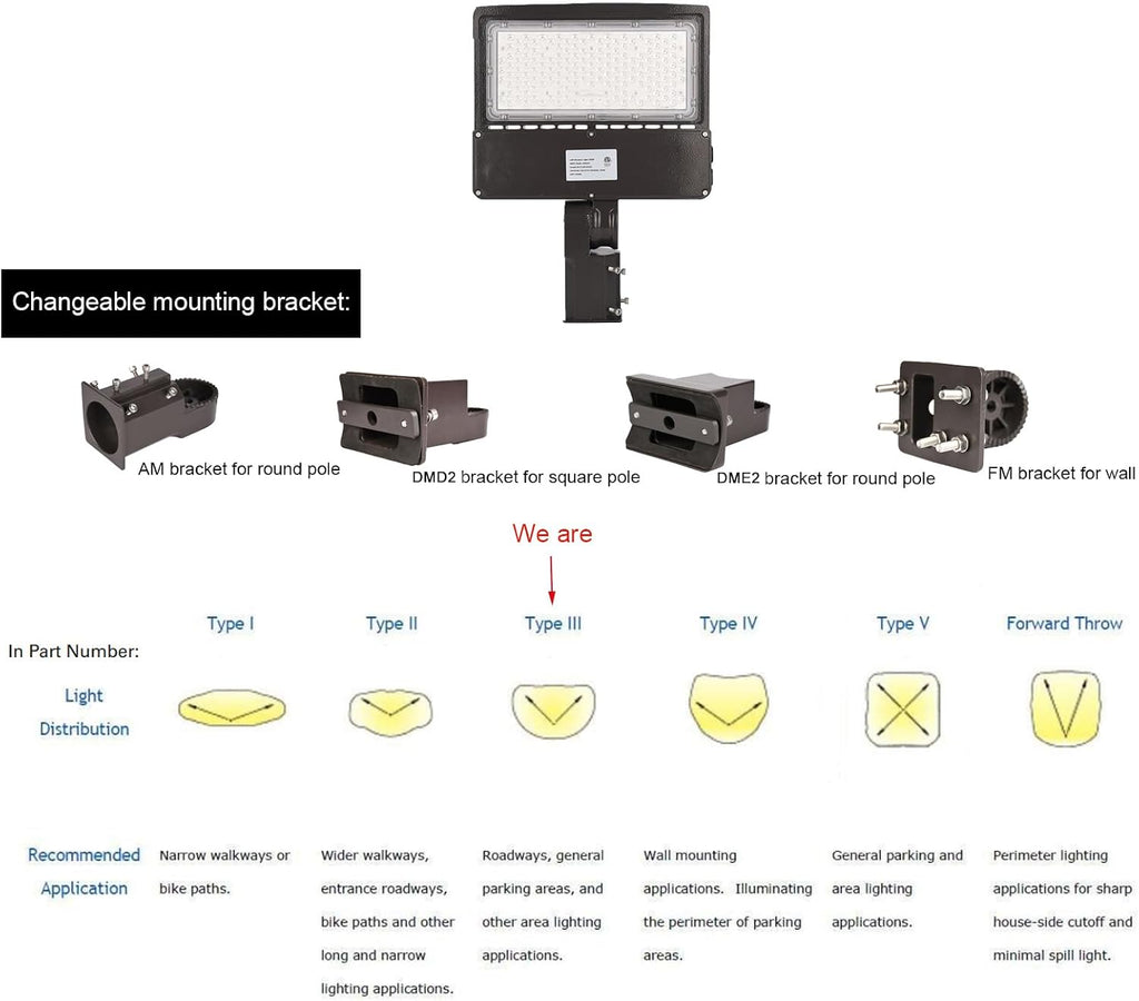 100W 120W 150W Wattage Adjustable Parking Lot Light LED Fixture 3000K 4000K 5000K CCT Tunable Outdoor Commercial Street Area Lighting for 4-5 Inch Round Pole Bronze 100-277V