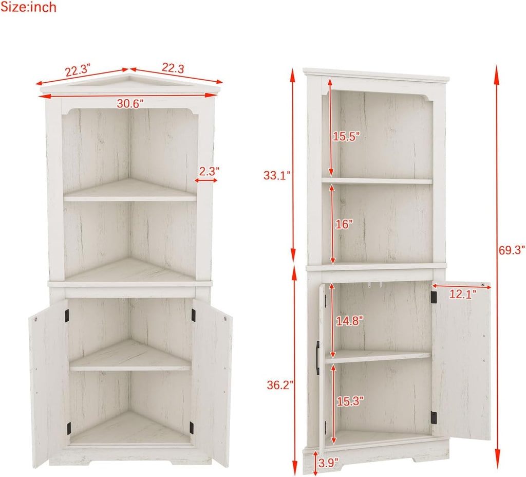 ZeHuoGe 69.3' Tall Corner Cabinet w/ 2 Doors & Open Shelves,4-Tier Floor Corner Cabinet w/Storage Shelves with Storage Shelves