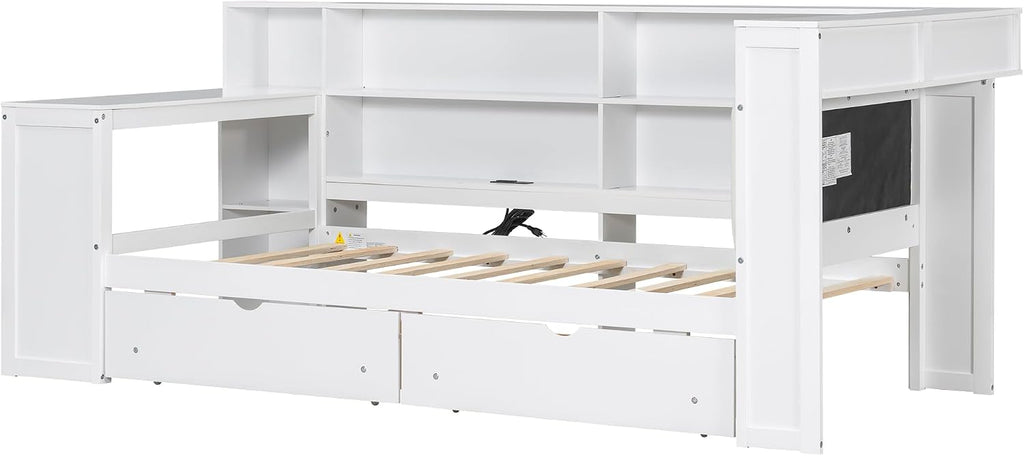 LUMISOL Twin Size Daybed with Storage Bookcase and Upholstered Headboard, Wood L Shaped Corner Day Bed Frame with Desk, Drawers, LED Light & USB Ports, Space-Saving, White