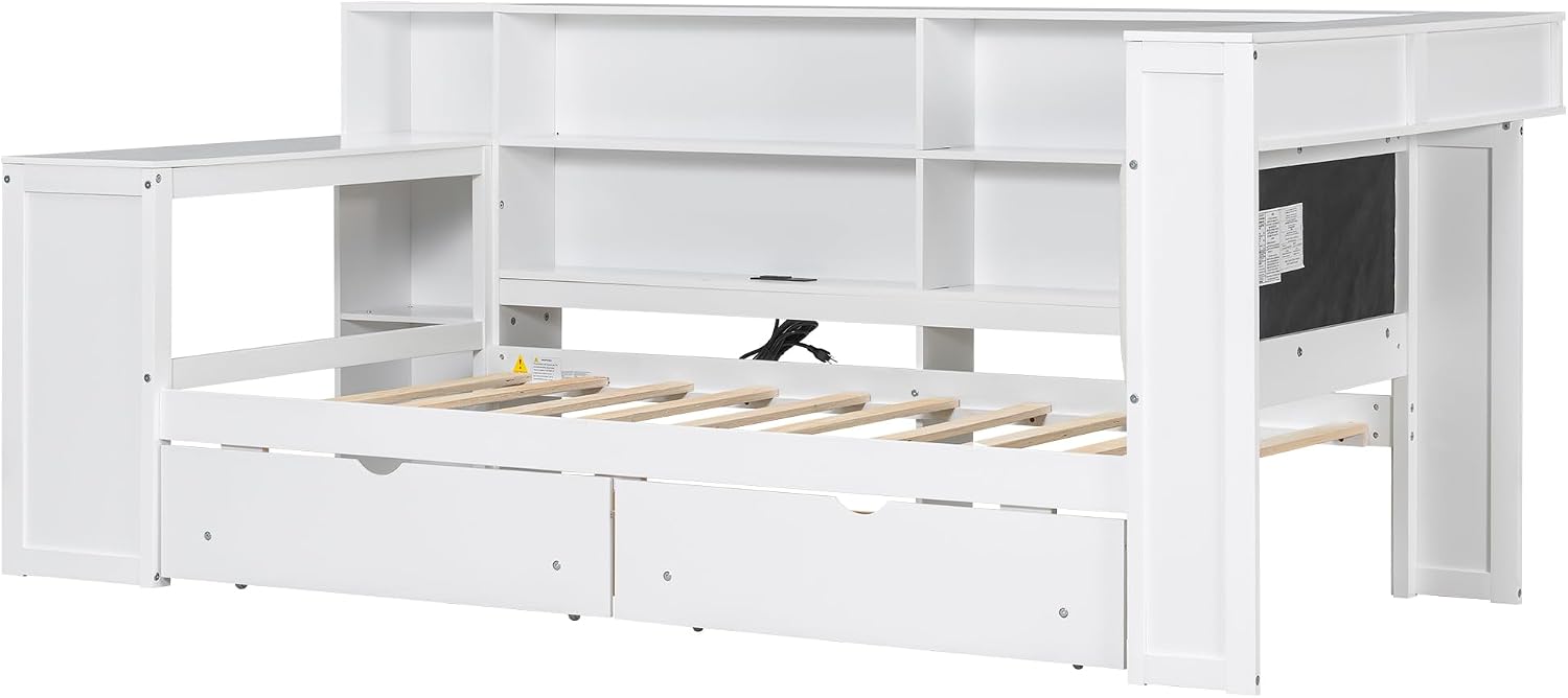 LUMISOL Twin Size Daybed with Storage Bookcase and Upholstered Headboard, Wood L Shaped Corner Day Bed Frame with Desk, Drawers, LED Light & USB Ports, Space-Saving, White