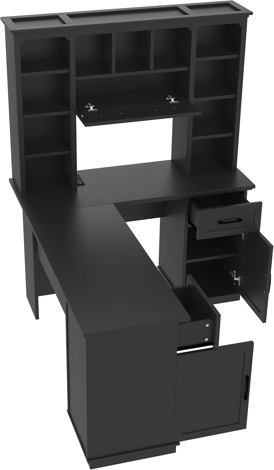 Versatile L-Shaped Computer Desk with 2 Cabinets and 2 Drawers, Power Outlet,11 Open Shelves and 1 Right Flip Shelf,for Study Living Room Office (Black#Drawers)