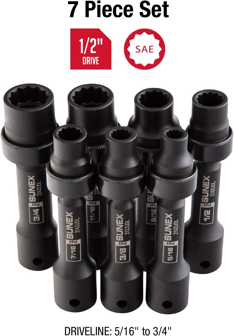 Sunex 1/2 Inch Drive 12-Point Driveline Socket Sets, 16-Piece (2 sets)