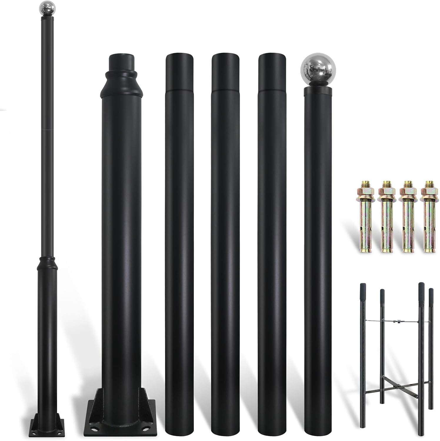 Street Light Pole 16ft Tall, Black Outdoor Galvanized Heavy-duty Metal Solar Street Lamp Post, Suitable for Outdoor Street and Courtyard Lighting Fixtures with Mounting Rebar Cage (16 FT 114+76mm)