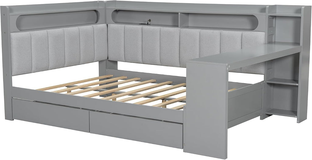 Bellemave Full Size Upholstered Daybed with Desk and Drawers and USB/LED Belt, Corner Bed with Trundle, L-Shape daybed for Bedroom Living Room, Gray（Linen）