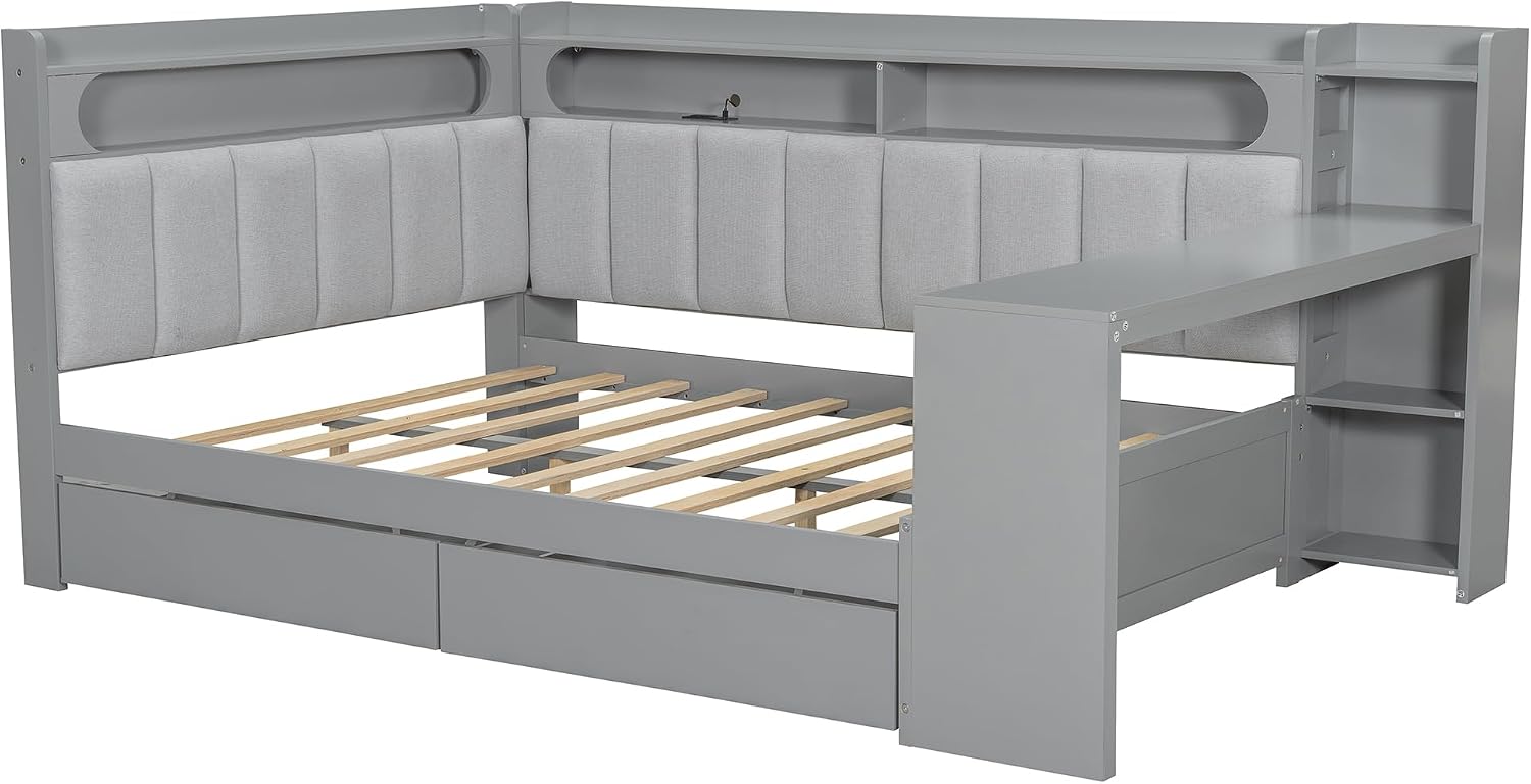 Bellemave Full Size Upholstered Daybed with Desk and Drawers and USB/LED Belt, Corner Bed with Trundle, L-Shape daybed for Bedroom Living Room, Gray（Linen）