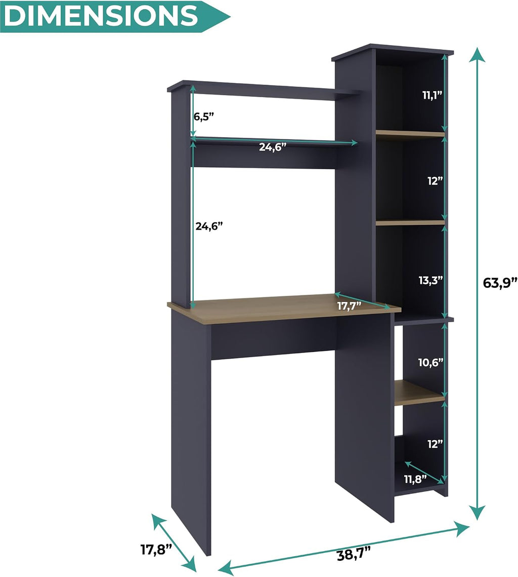 TUHOME Versalles Writing Desk with Large Monitor Shelf,Keyboard Tray and Five Side Open Storage Compartments,Modern Space-Saving Office Desk for Studios,Workspaces or Bedrooms, Functional Organization