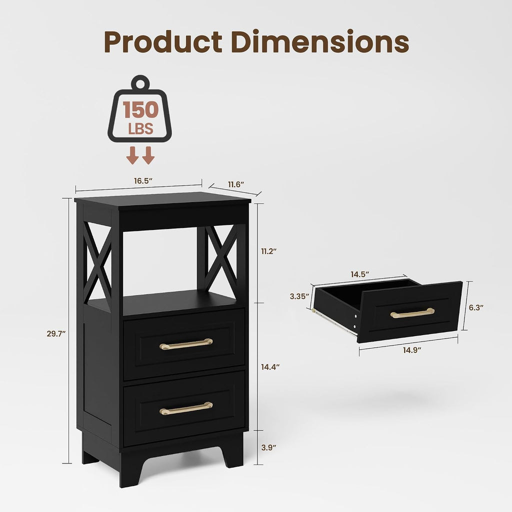 Tall Nightstand Set of 2 Side Table with 2 Drawers Modern Night Stand Wooden End Table Bedside Table with Upper Open Shelf Solid Feet for Bedroom Black