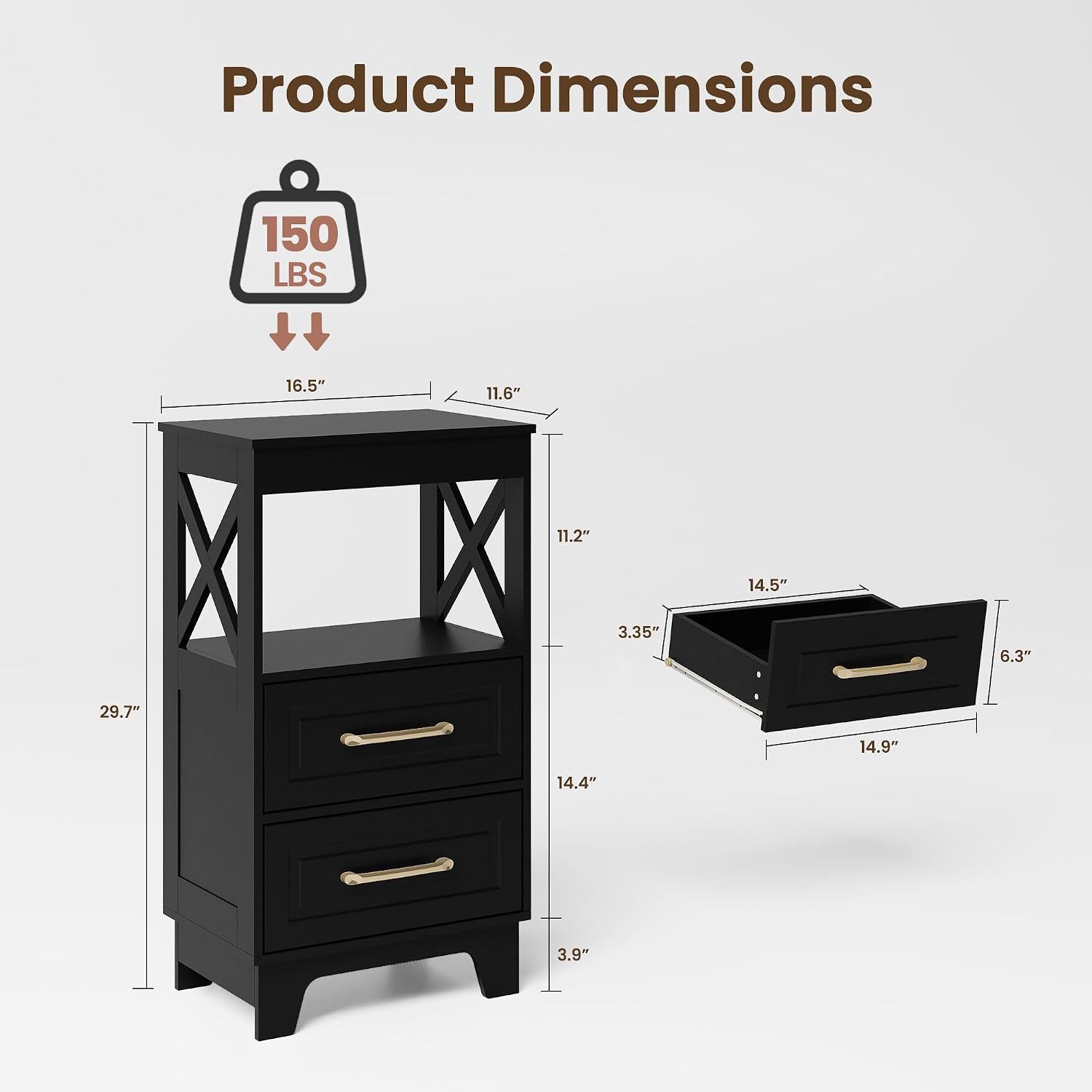 Tall Nightstand Set of 2 Side Table with 2 Drawers Modern Night Stand Wooden End Table Bedside Table with Upper Open Shelf Solid Feet for Bedroom Black