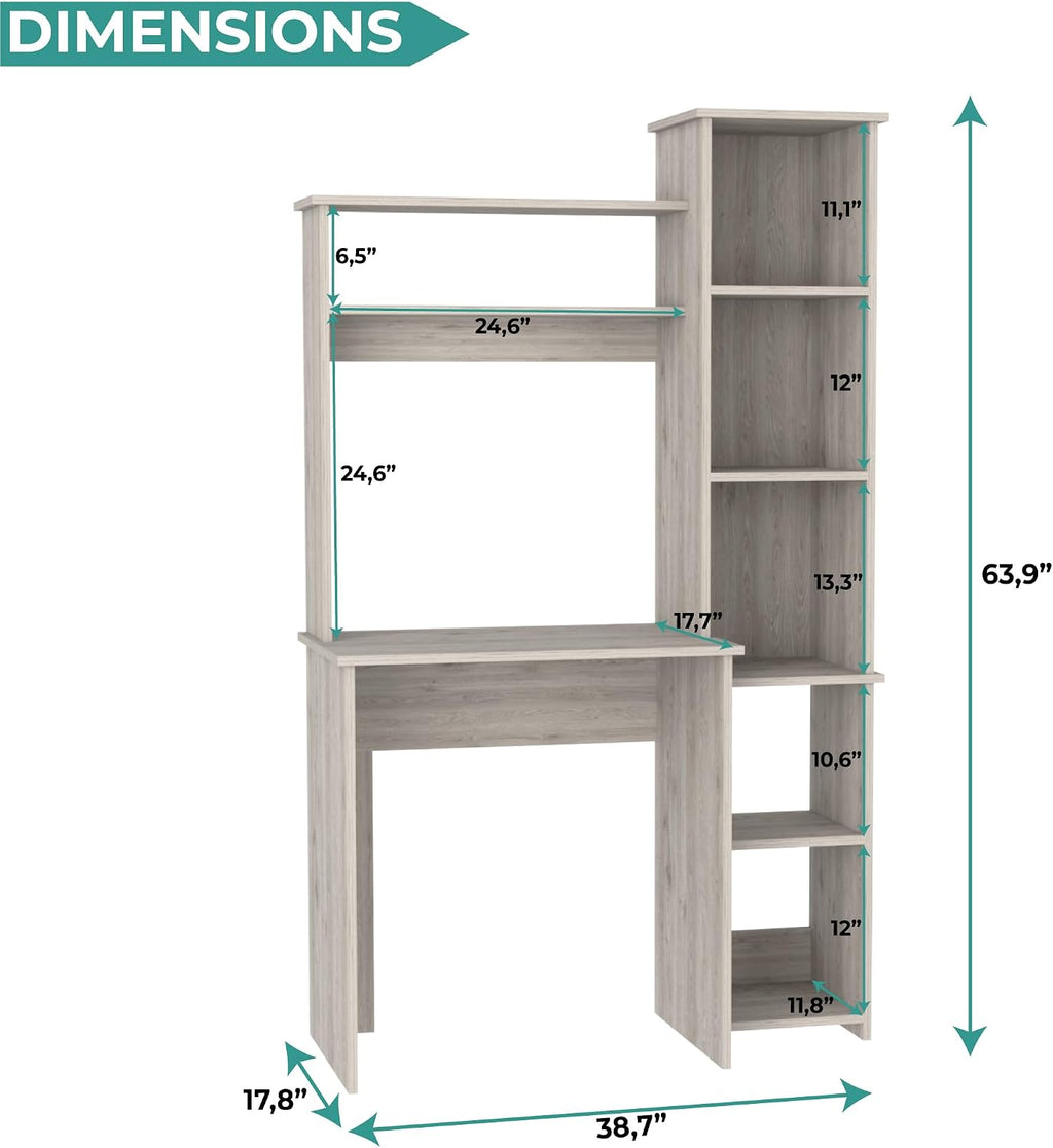 Tuhome Versalles Writing Desk with Two Superior Shelves, Five Side Open Storage Compartments, Space-Saving Modern Workstation Design for Studios and Offices, Ideal for Organization