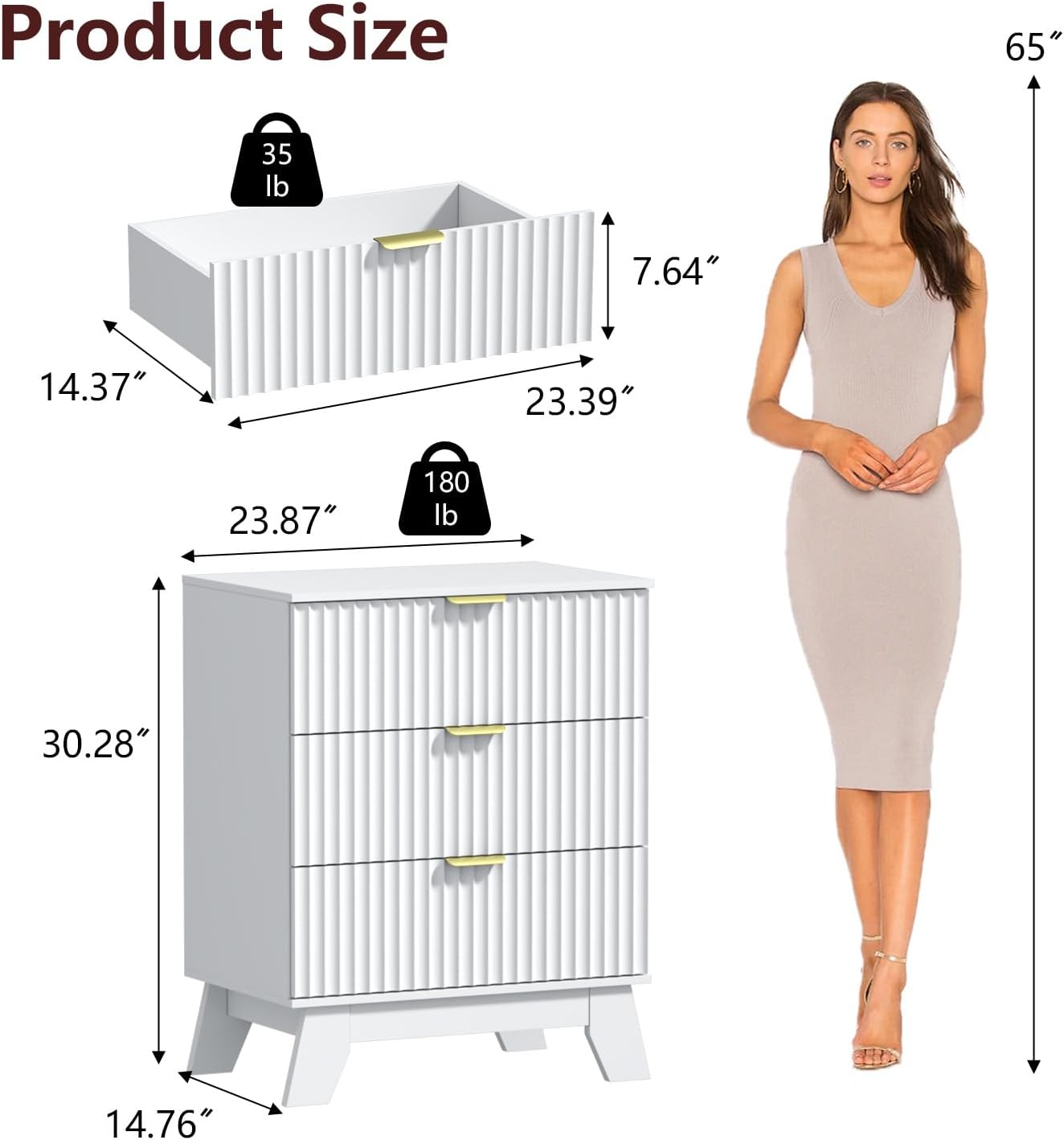 Nightstand Set of 2 with 3 Large Drawers,24' Wide End Table with Curved Metal Handles,Fluted Wood Small Dresser,Bedside Table,Modern Chest of Drawers for Bedroom,Living Room, White