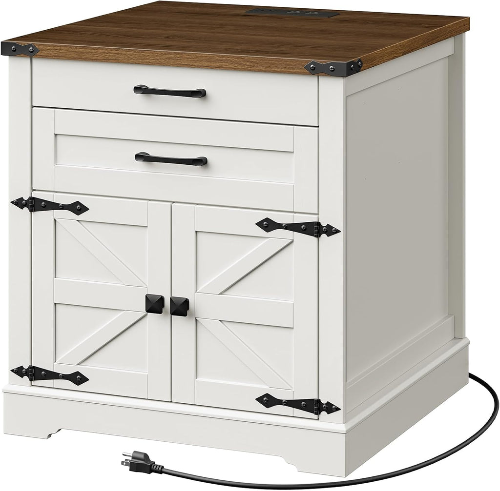 RALGEND Farmhouse End Table with Charging Station, 24'' Sofa Side Table with 2 Drawers and Barn Door, Large Rustic Wooden Square Nightstand for Bedroom, Living Room, White and Walnut