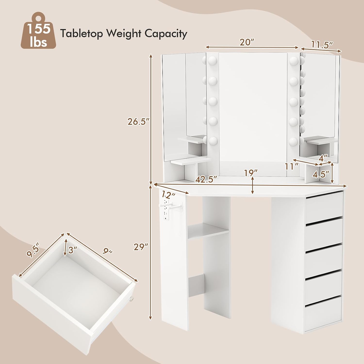 NAFORT Corner Vanity Desk with Mirror and LED Lights, Vanity Table with 5 Storage Drawer SND Shelf, Dressing Table with Power Outlet and Hair Dryer Holder, 3 Lighting Modes Triple Mirror, White