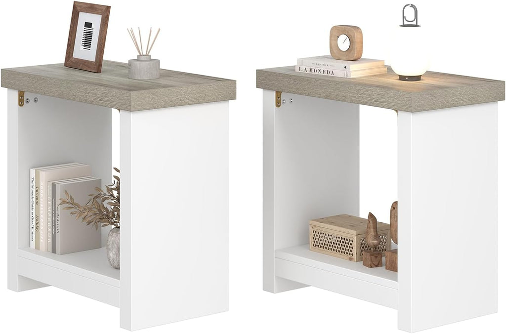 End Tables Set of 2 for Living Room, Narrow Side Tables with Storage Shelves, Square End Table for Bedroom, Slim Nightstand, Skinny Rectangle Accent Table, Farmhouse Bedside Table, White + Gray
