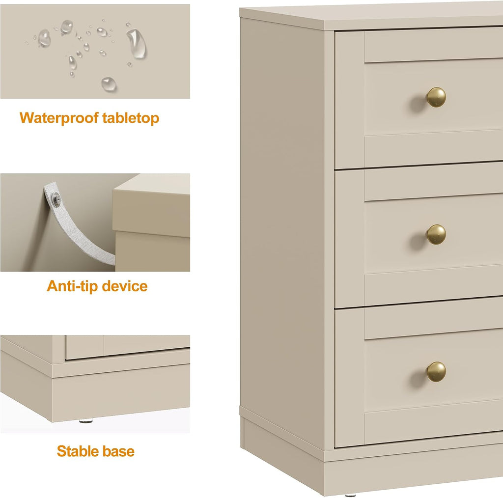 RoyalCraft Nightstand with 3 Drawers Storage, Large Wood Night Stand for Bedroom, Modern Bedside Table, End Table for Hallway, Closet, Beige