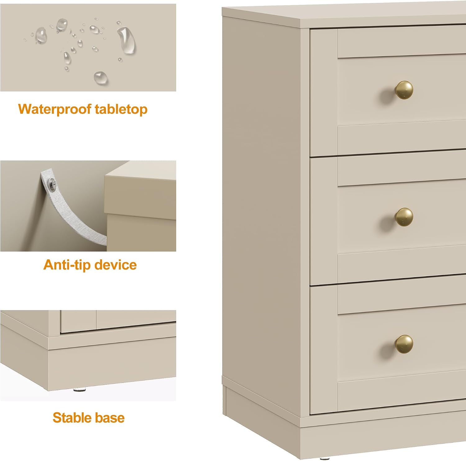 RoyalCraft Nightstand with 3 Drawers Storage, Large Wood Night Stand for Bedroom, Modern Bedside Table, End Table for Hallway, Closet, Beige