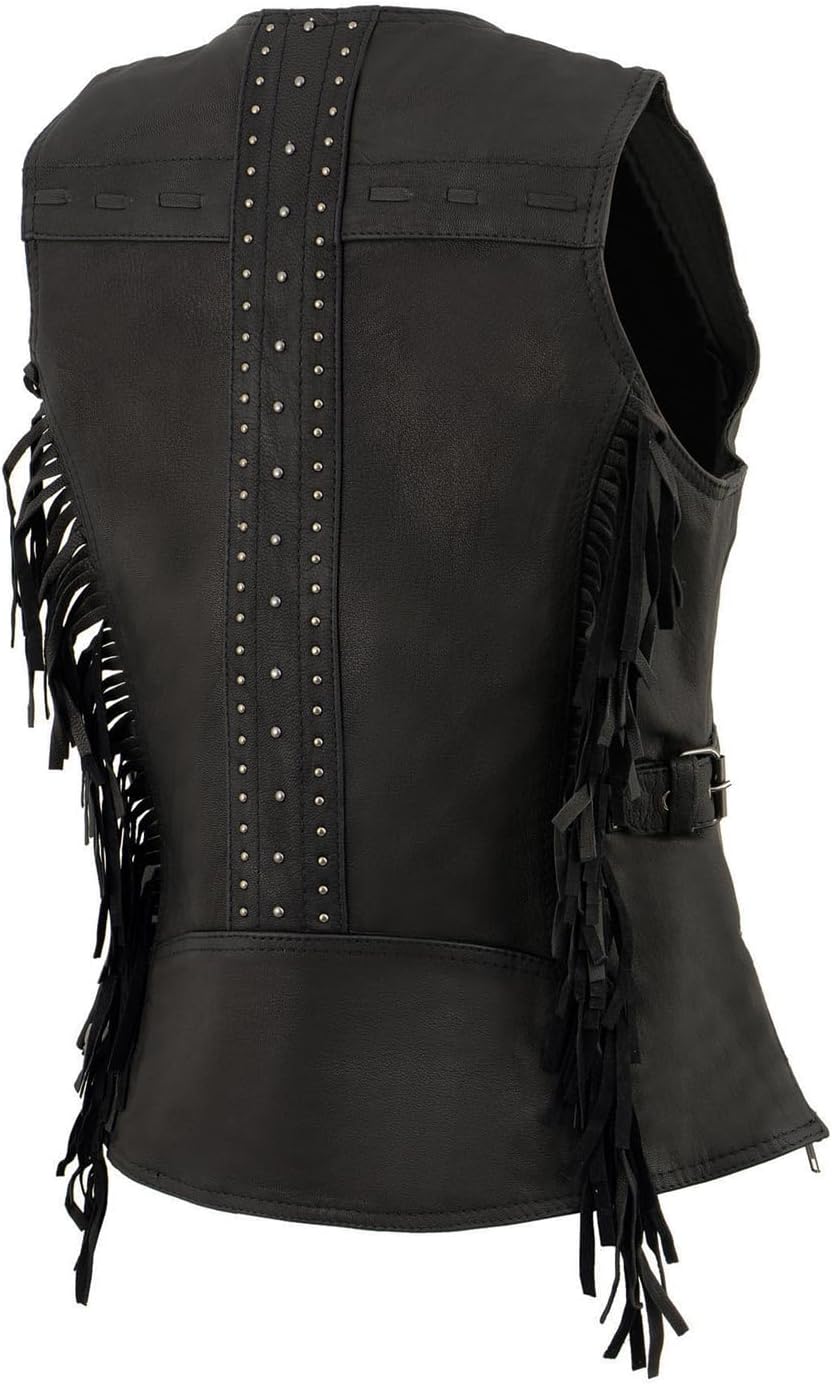 Milwaukee Leather MLL4565 Women's Black Fringed Leather Rivet Detail Side Buckle and Zipper Motorcycle Rider Vest