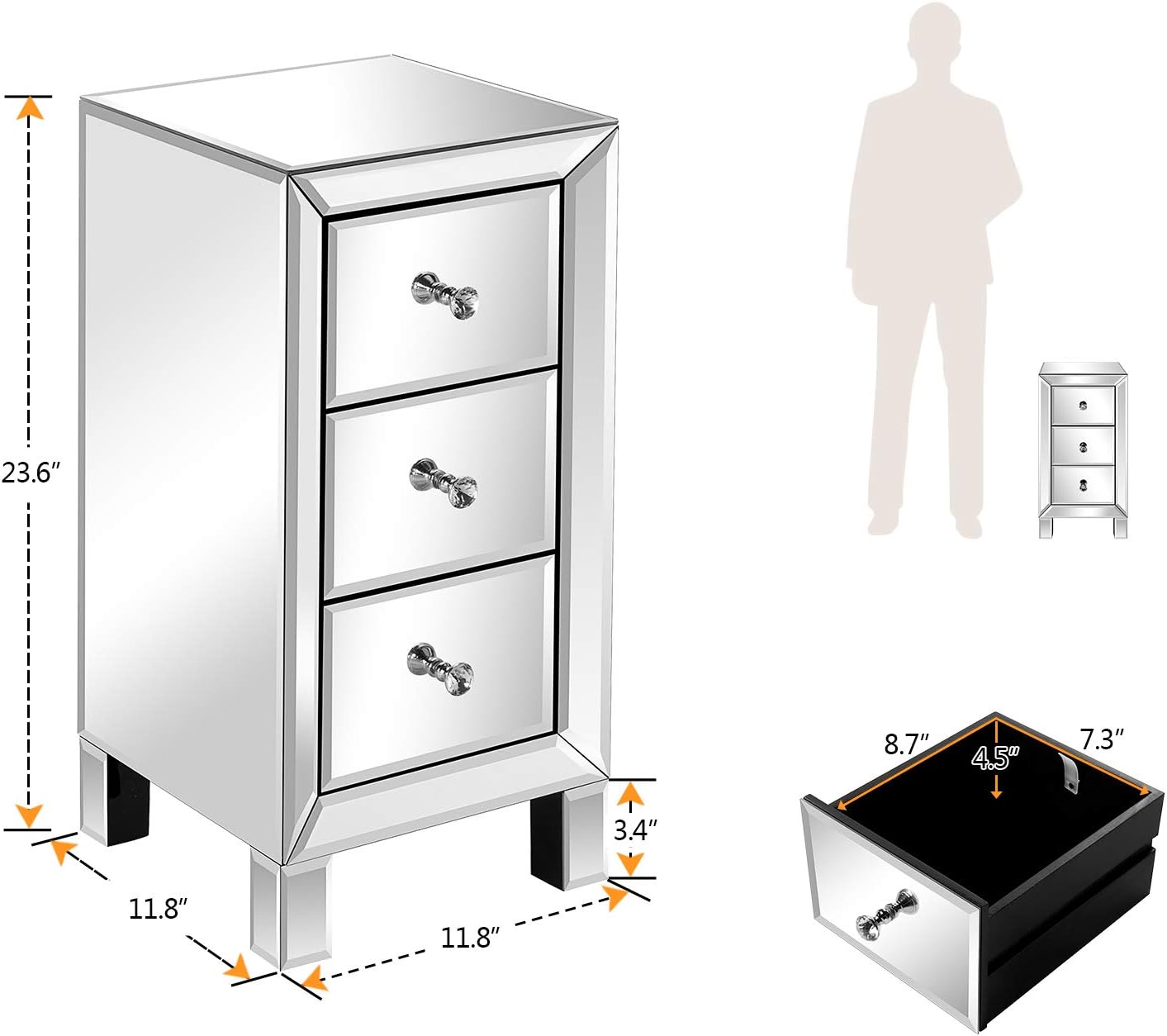 VINGLI Mirrored Nightstand with 3-Drawers Silver Side End Table Mirrored Furniture for Small Space, Bedroom, Living Room