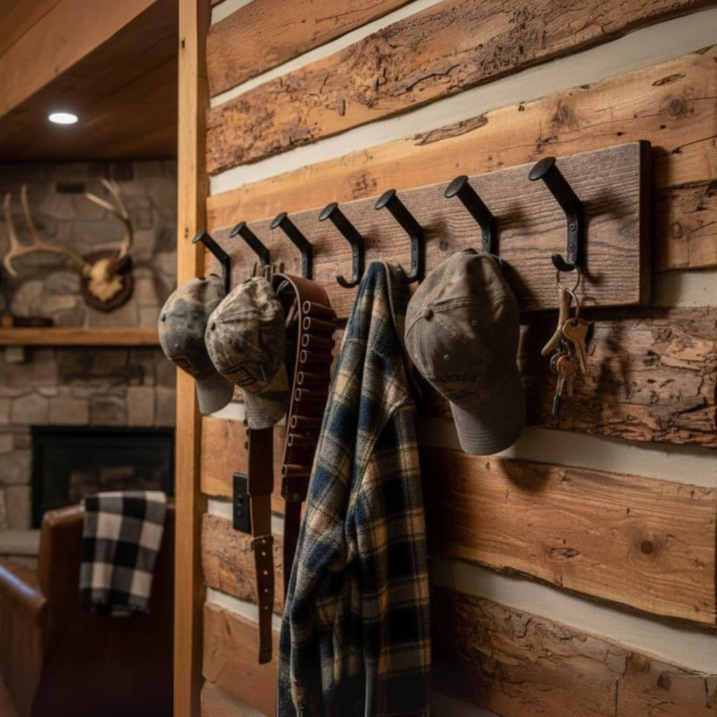 Magnolia Oaks Woodshop Rustic Farmhouse Reclaimed Wood Wall Hanging Rack with Railroad Spike Hooks - Holds 8+ Coats & Hats - Handmade in USA