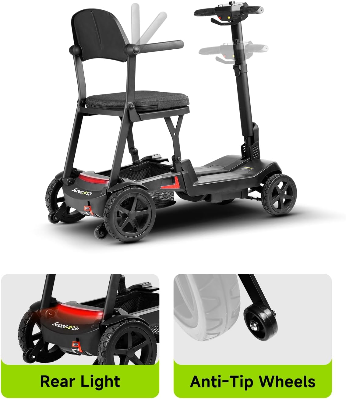 SCOOTNGO Mobility Scooters for Seniors & Adults 4 Wheel Travel Mobility Scooter Airline Approved with Two Batteries, Lightweight, Foldable, No Assembly Needed (Black Red, Dual Batteries)