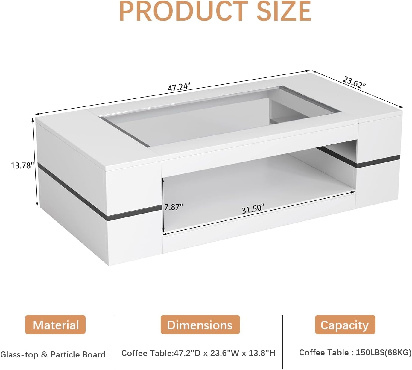HedoAjim 47.2' Modern Stylish Coffee Table with Glass Table Top, Large Living Room Table Rectangular 2-Tier Center Tables with Storage, Wooden Tea Tables for Dining Reception Room, White