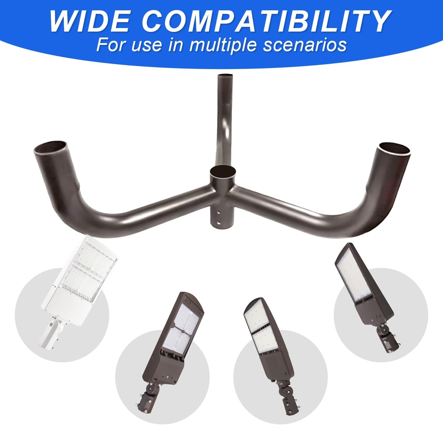 Triple 120° Bullhorn Tenon Adapter for 3 Light Fixtures with 2 3/8' Slip Fitter, Horizontal Bracket with 3 Arms Mounting for LED Parking Lot Light, Outdoor Shoebox Street Lighting, Dark Bronze