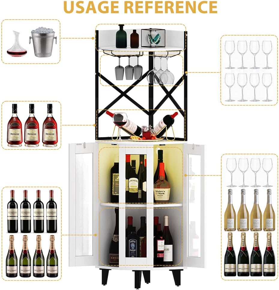 COCO DESIGN Corner Wine Cabinet with Lockable Glass Door & LED Light, 4-Tier Liquor Bar Unit, Modern Farmhouse Home Bar for Kitchen/Dining Room/Living Room, 2 Glass Display Trays & 2 Wine Racks, White
