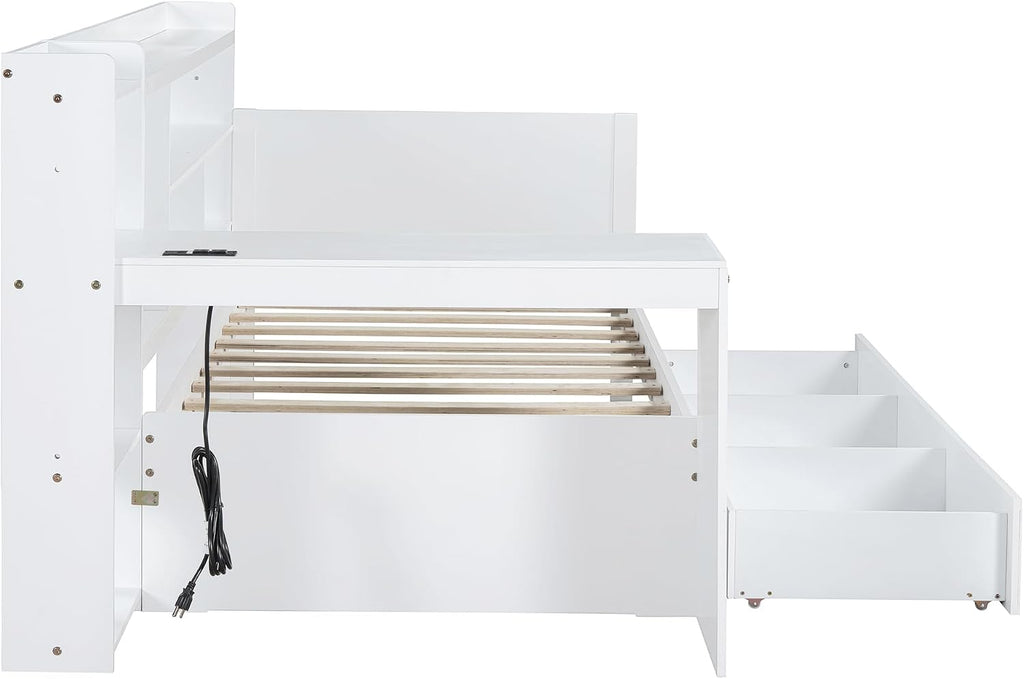 LUMISOL Twin Size Daybed Bed with Desk and Storage, Solid Wood Corner Bed with Bookcase Headboard & Charging Station, Space-Saving L-Shaped Day Bed Frame for Living Room, Guest Room, White