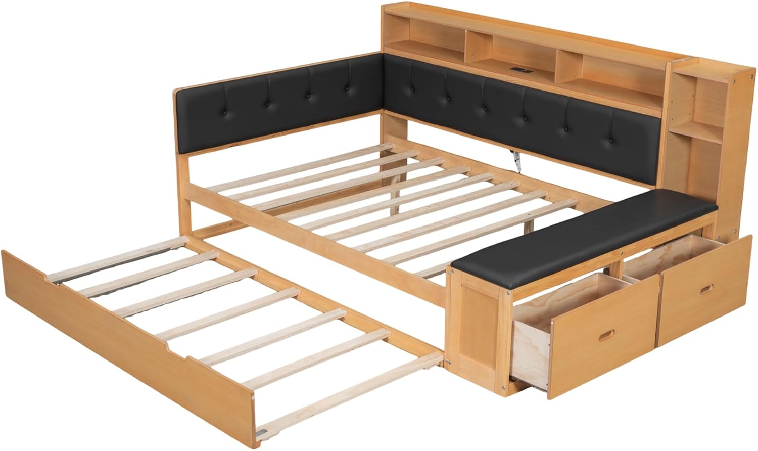 Harper & Bright Designs Full Size Daybed Sofa Bed with Trundle and L-Shaped Upholstered Headboard, Wooden Corner Platform Bed Frame with Storage Shelves, Bench, Charging Station, Natural Color+Black