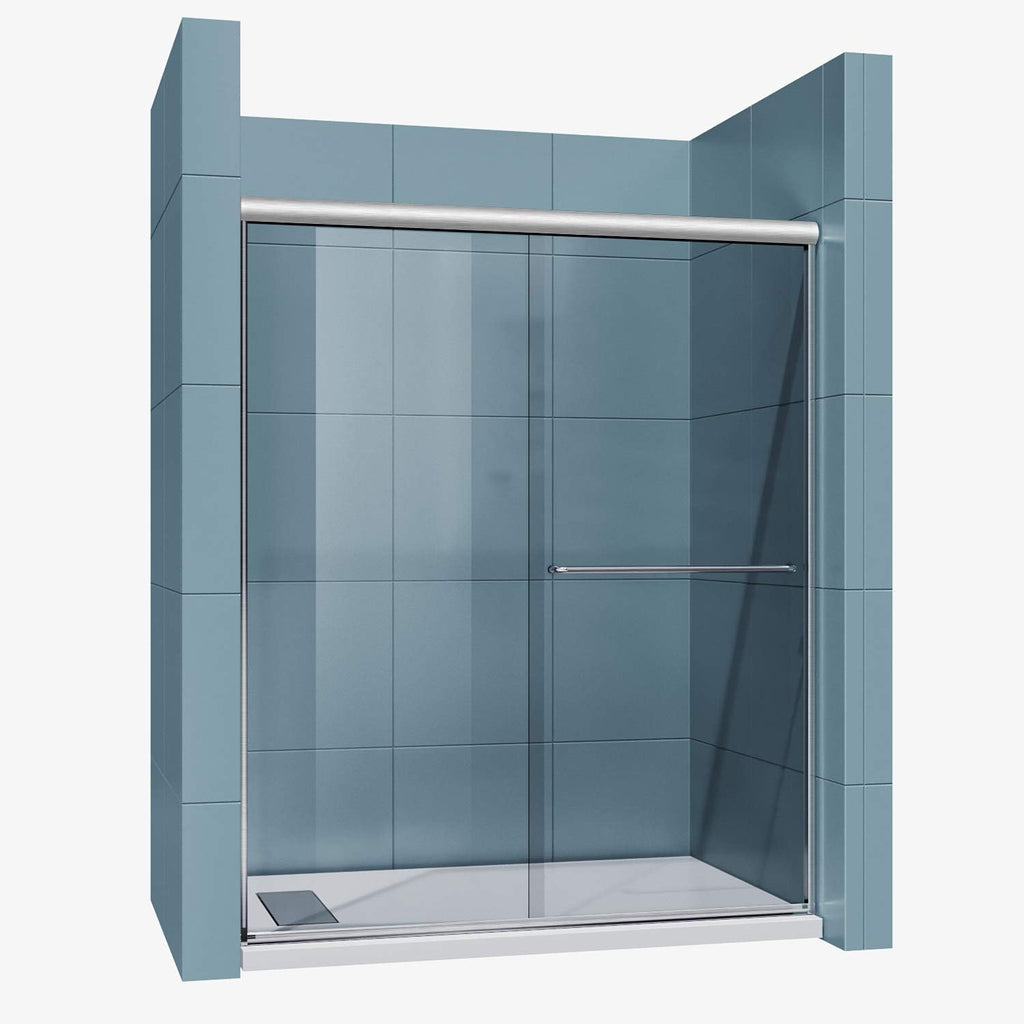 SUNNY SHOWER Semi-Frameless Shower Doors 1/4' (6mm) Glass Sliding Shower Enclosure 54' W x 72' H Shower Glass Door Brushed Nickel Finish
