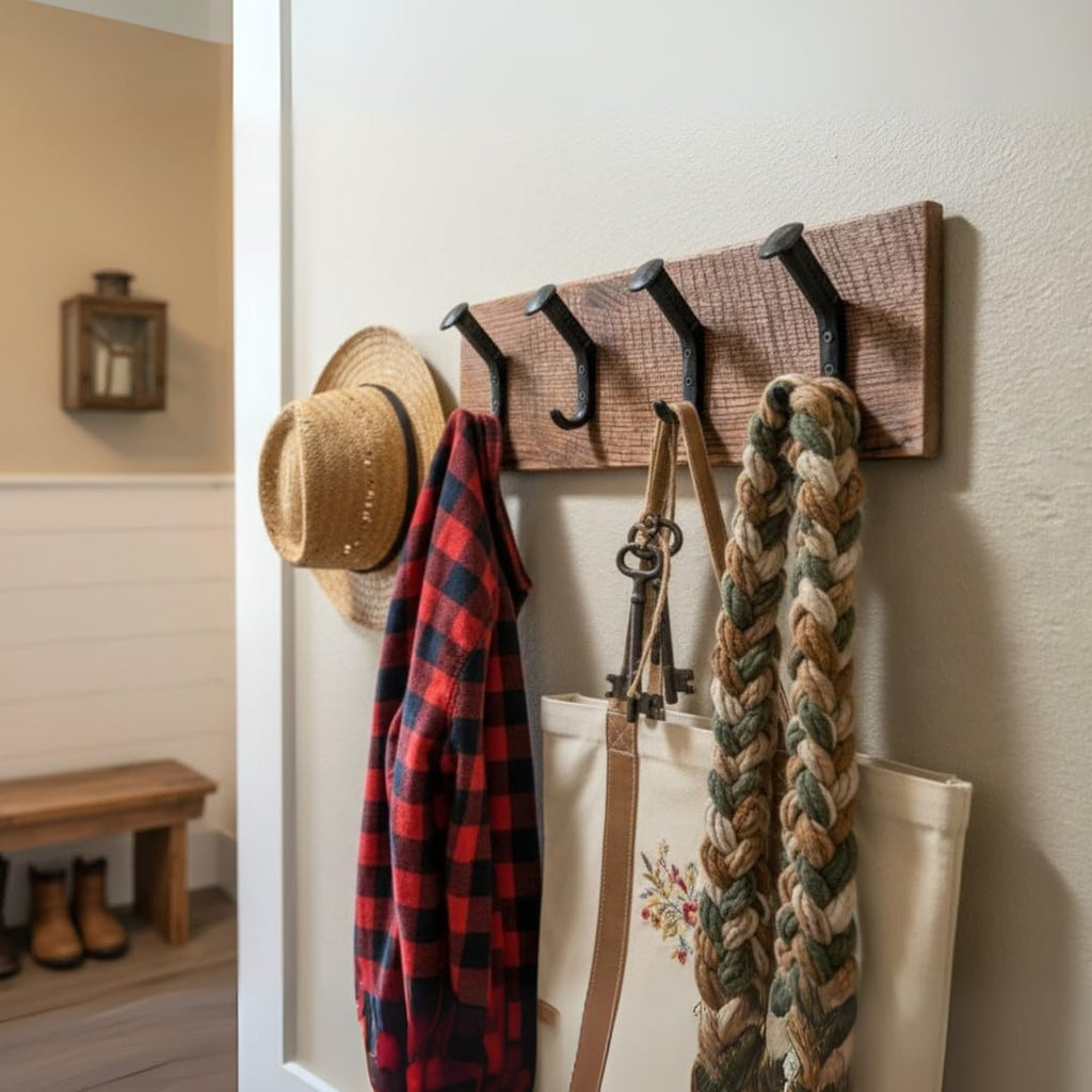 Magnolia Oaks Woodshop Rustic Farmhouse Reclaimed Wood Wall Hanging Rack with Railroad Spike Hooks - Holds 8+ Coats & Hats - Handmade in USA