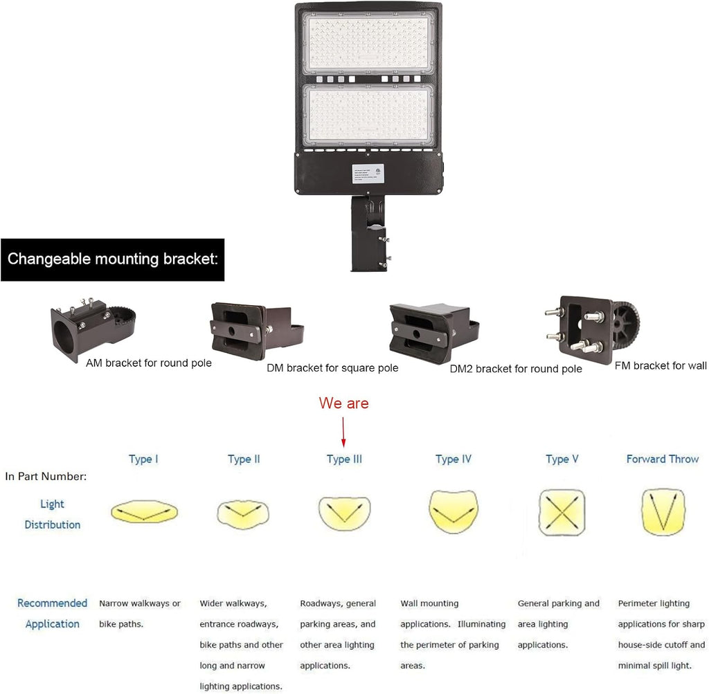 Power Switchable 200W 240W 300W LED Shoebox Light 3000K 4000K 5000K CCT Adjustable Outdoor Commercial Parking Lot Street Yard Area Lighting Fixtures 110-277V (DM Bracket for Square Pole)