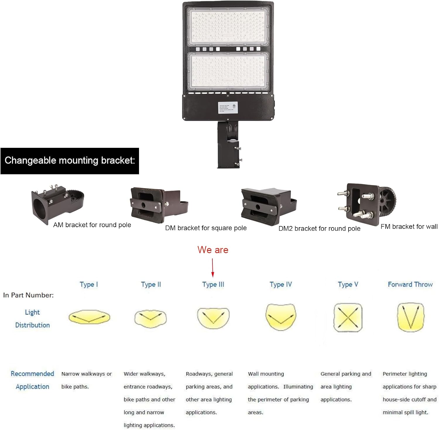 Power Switchable 200W 240W 300W LED Shoebox Light 3000K 4000K 5000K CCT Adjustable Outdoor Commercial Parking Lot Street Yard Area Lighting Fixtures 110-277V (FM Bracket for Wall Mount)