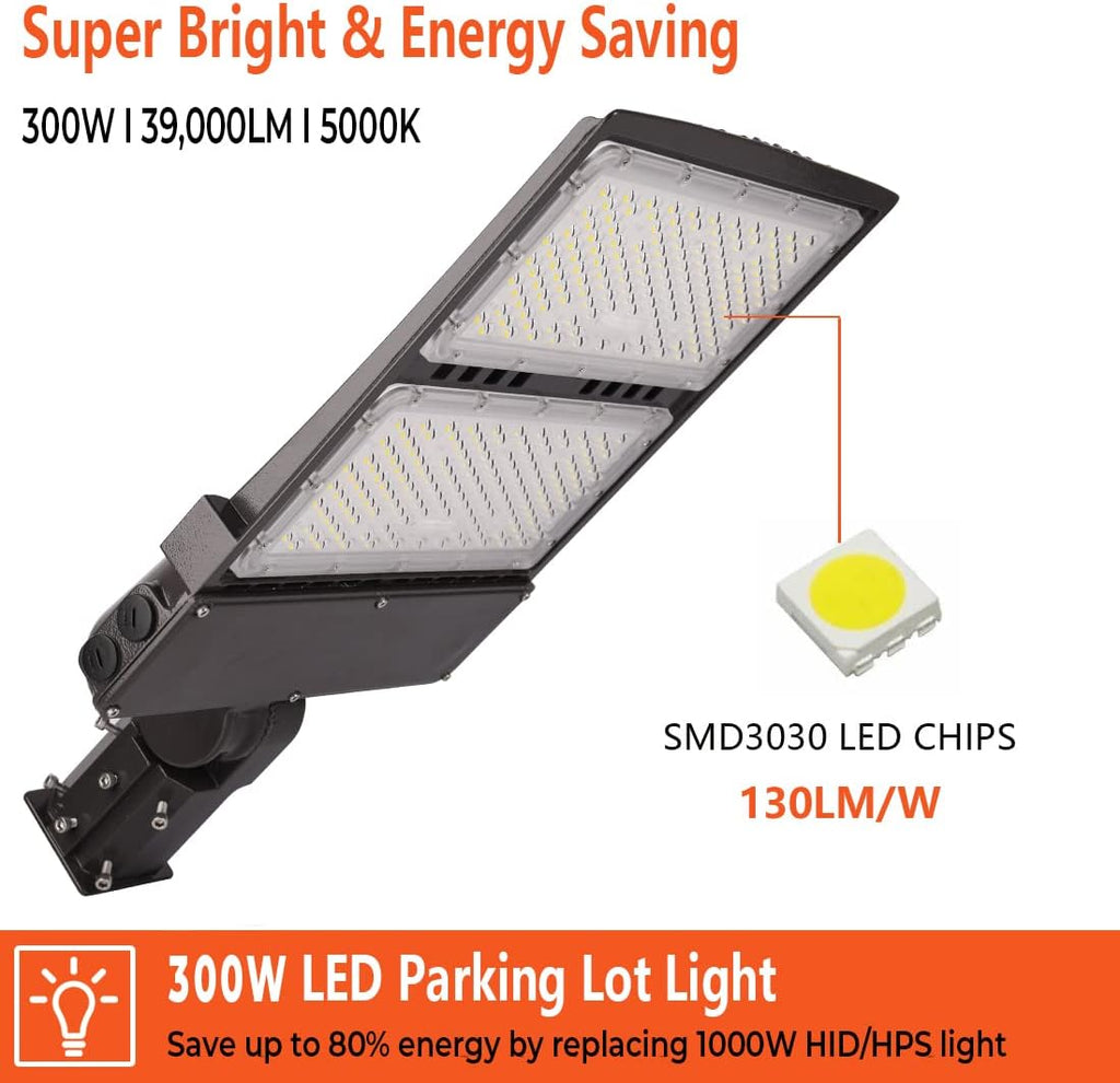 300W LED Parking Lot Light Outdoor,Adjustable Slip Fitter Mount,IP65 Waterproof Commercial Led Shoebox Area Lighting,5000K Daylight,39000LM,UL Listed (300Watt)