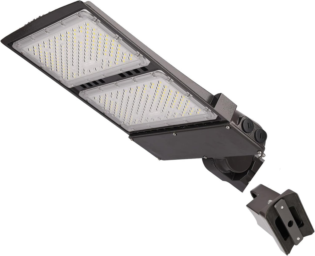Power Switchable 200W 240W 300W LED Shoebox Light 3000K 4000K 5000K CCT Adjustable Outdoor Commercial Parking Lot Street Yard Area Lighting Fixtures 110-277V (DM2 Bracket for Round Pole)