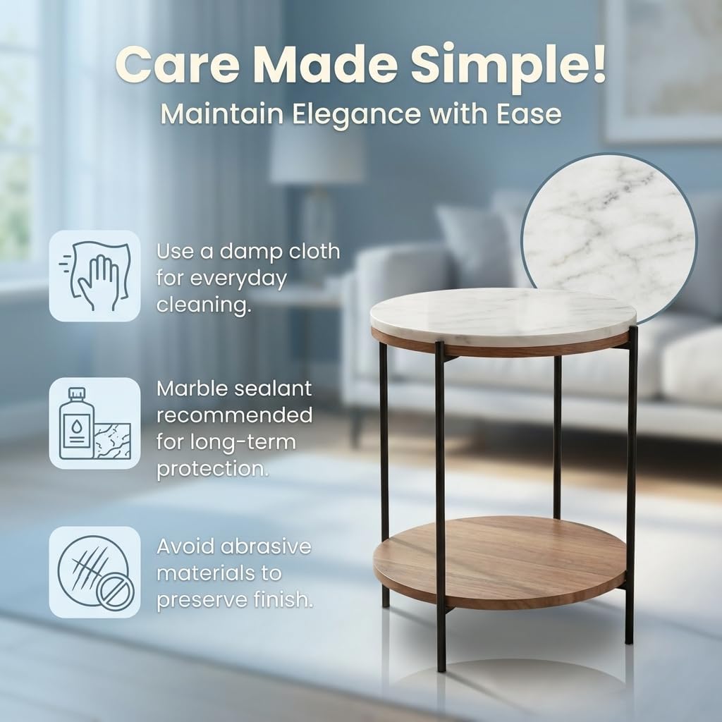 Lyra Round Marble End Table – Solid Acacia Wood Shelf, Open Storage Side Table for Living Room, Bedroom, Entryway, Small Spaces – Nightstand, Plant Stand, Modern Accent Table with Metal Frame