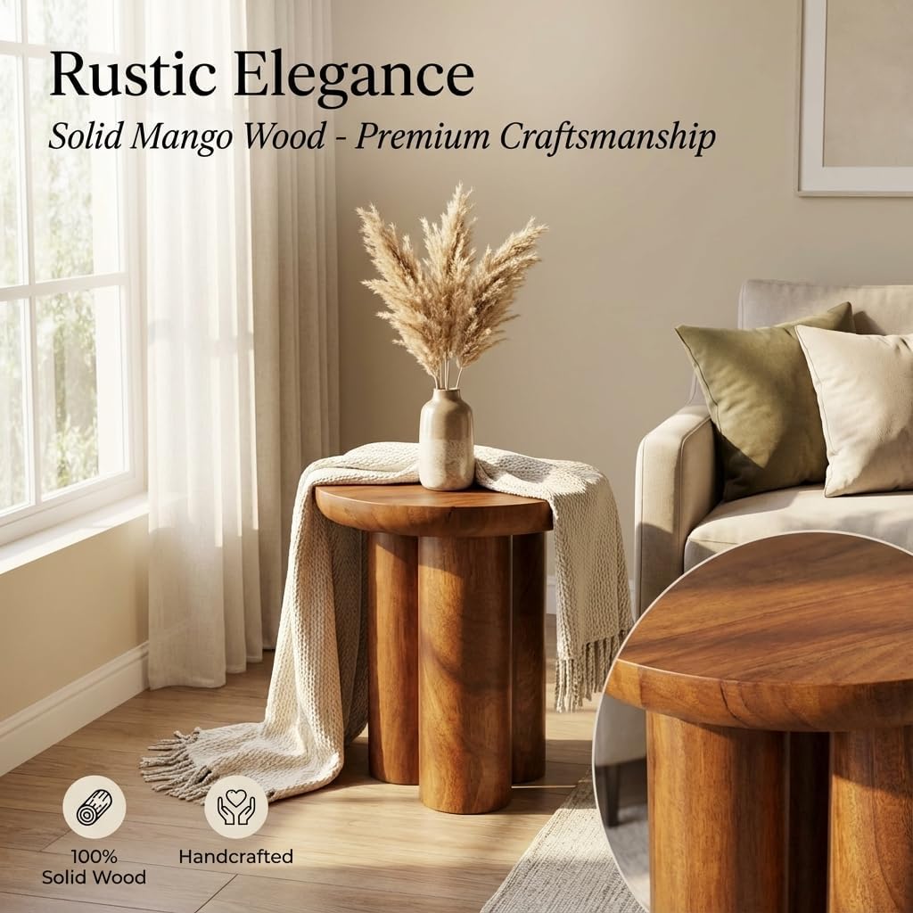 Relso Gaia Round End Table for Living Room and Farmhouse | Solid Mango Wood for Rustic Elegance | Ideal for Side Tables, Nightstands & More | Wood Side Table Round for Bedroom (Walnut)