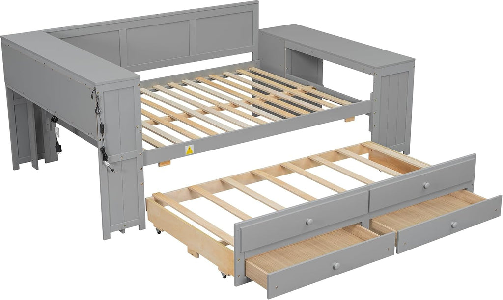 Merax Corner Full Bed Frame with Desk and Led Lights,Wood Platform Bed Frame with Trundle and 2 Drawers,Full Size Daybed with Storage and Charging Station for Living Room,Bedroom,Guest Room,Grey