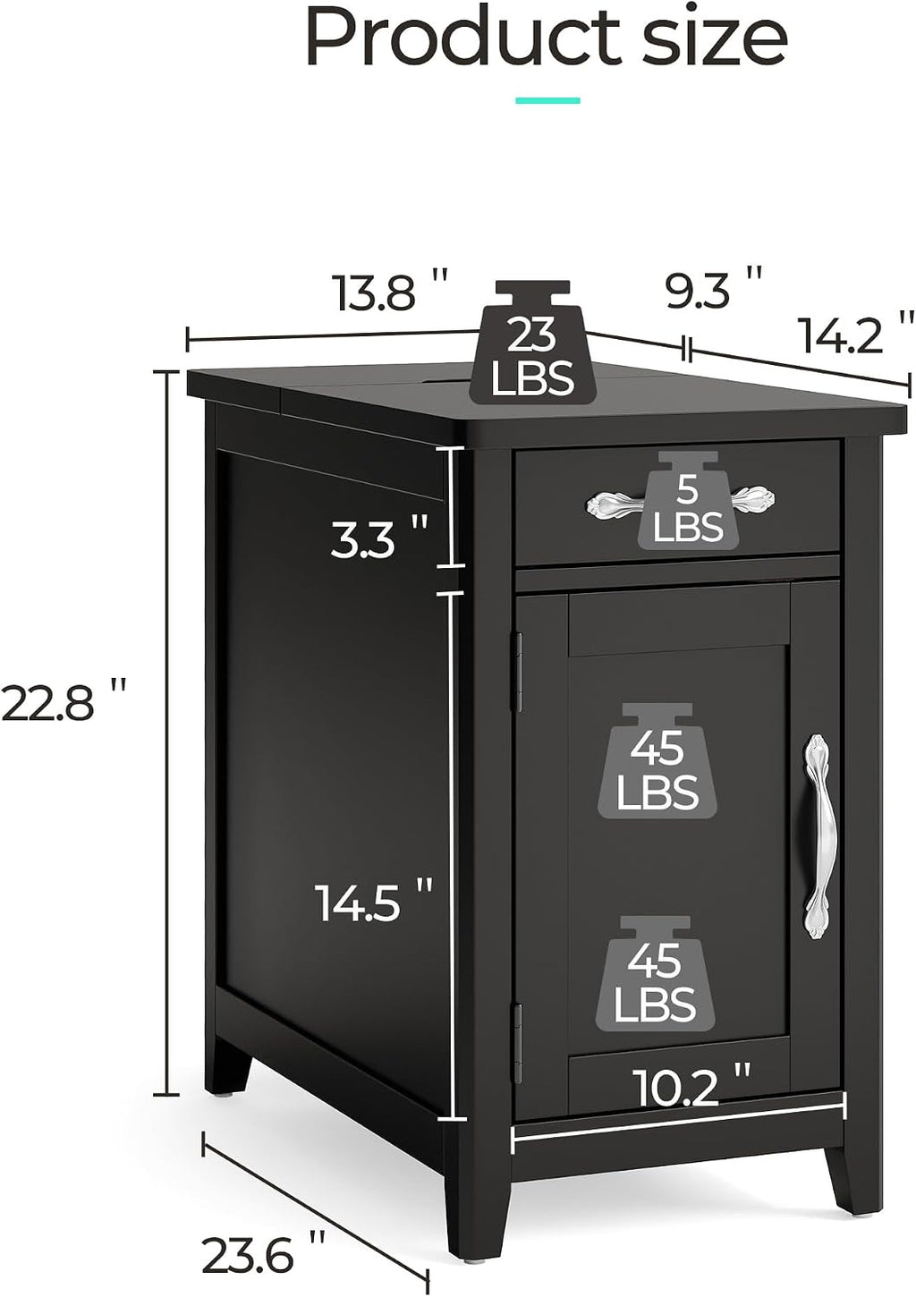 LINSY HOME End Table Set of 2 with Charging Station, Modern Farmhouse Sofa Couch Side Table, Wooden Bedside Table for Living Room Bedroom, Narrow Nightstand with Storage for Small Space, Black