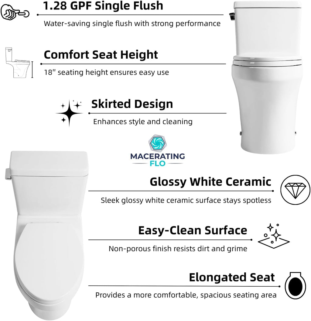 Rear Discharge Toilet with Powerful Rimless Flush, 18'' Comfort Height, Elongated Bowl, 1.28 GPF, Back Outlet Two Piece Toilet with Tank, P-Trap, Skirted Modern Design, Two Extension Pipes Included