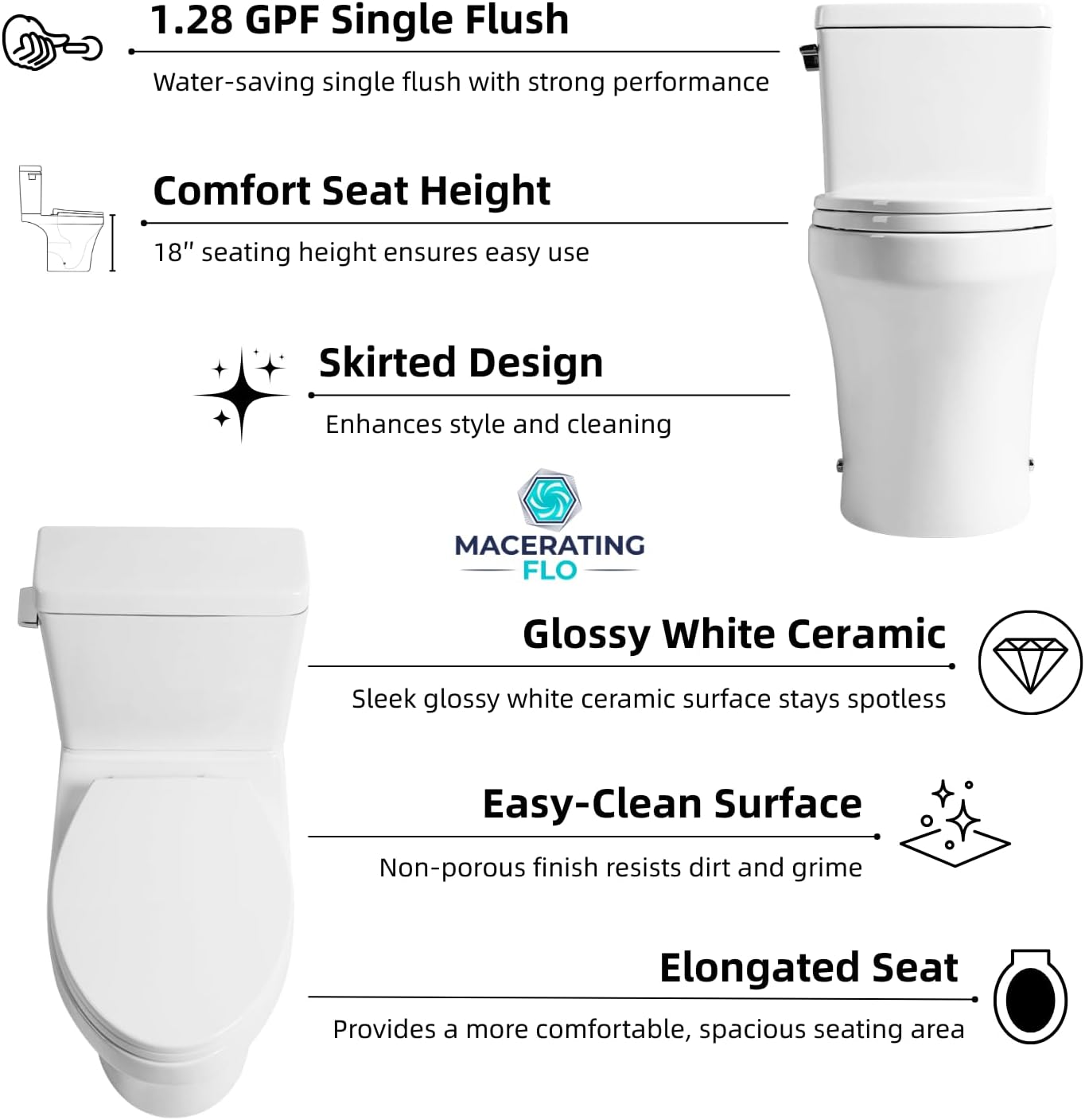 Rear Discharge Toilet with Powerful Rimless Flush, 18'' Comfort Height, Elongated Bowl, 1.28 GPF, Back Outlet Two Piece Toilet with Tank, P-Trap, Skirted Modern Design, Two Extension Pipes Included