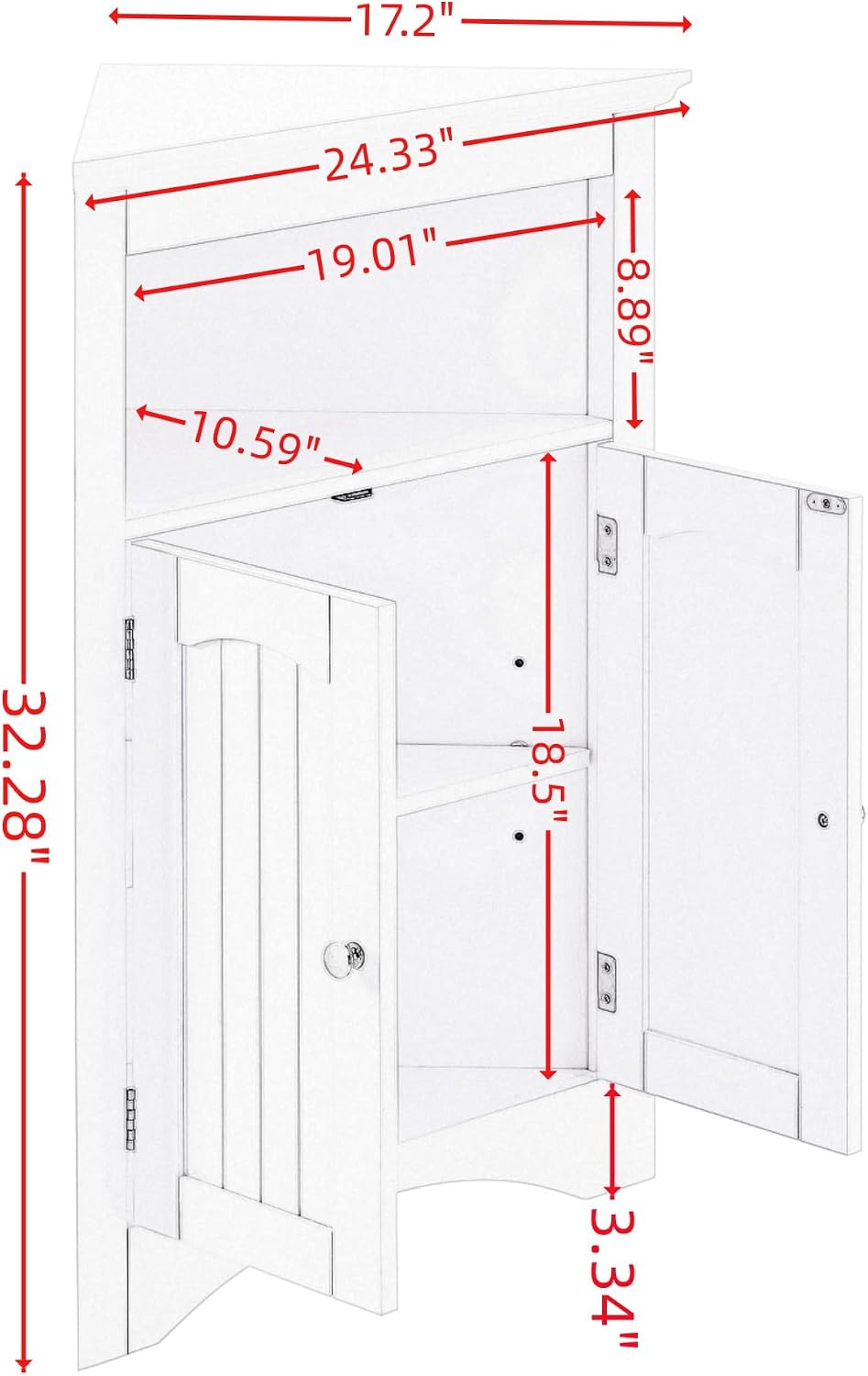 Corner Storage Cabinet Classic White, Modern Freestanding Floor Cabinet with 2 Doors, Open Top Shelf & Adjustable Interior Shelf for Bathroom, Living Room & Kitchen