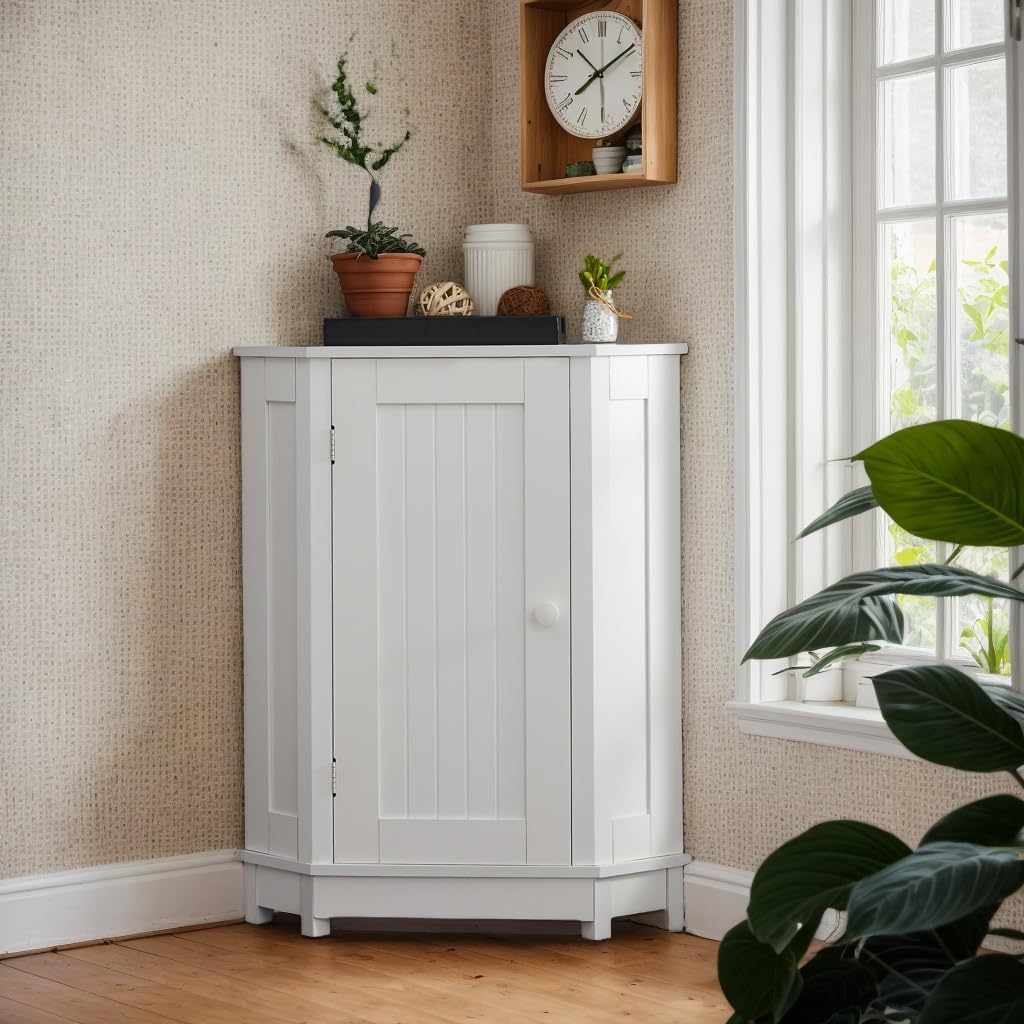 Floor Corner Cabinet with Doors and Adjustable Shelves, Freestanding Bathroom Corner Storage Cabinet for Bathroom, Living Room (1 Door, White)