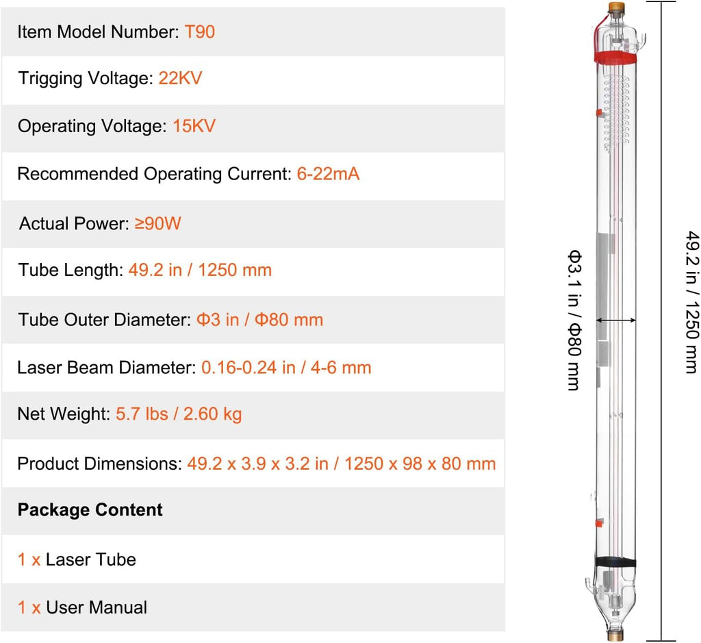VEVOR 90W CO2 Laser Tube, 49.2 in (1250 mm) Length, 3.1 in (80 mm) Dia Borosilicate Glass Laser Cutter Tube with Metal Head, 10,000hr Wires Preconnected for Laser Engraver Engraving Cutting Machine