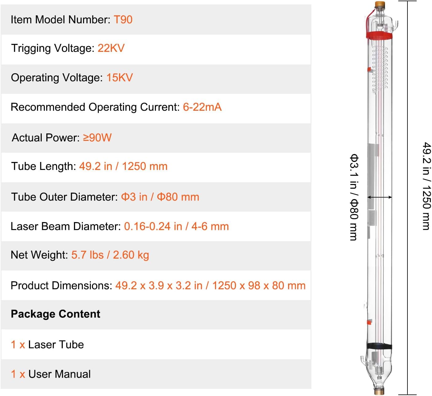 VEVOR 90W CO2 Laser Tube, 49.2 in (1250 mm) Length, 3.1 in (80 mm) Dia Borosilicate Glass Laser Cutter Tube with Metal Head, 10,000hr Wires Preconnected for Laser Engraver Engraving Cutting Machine