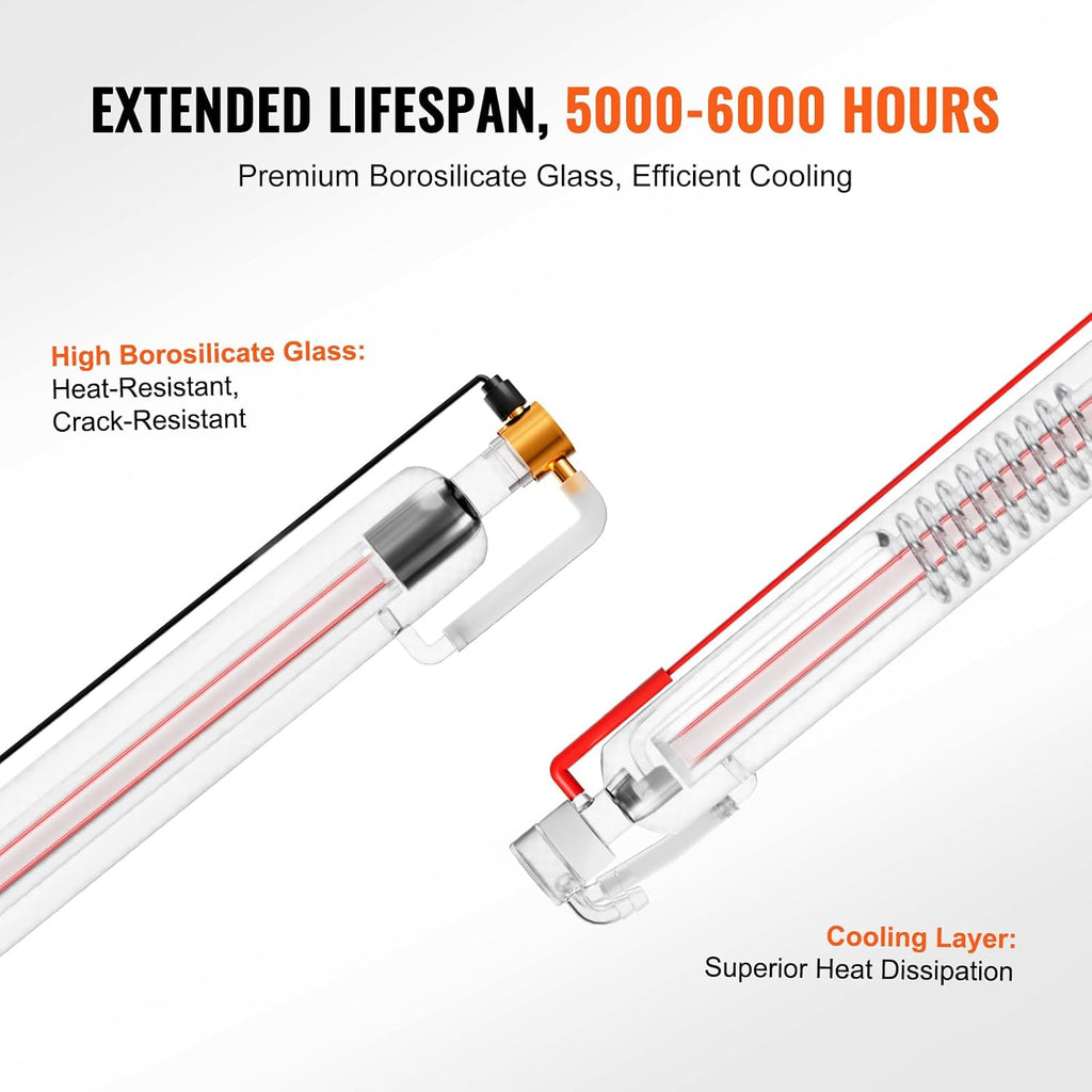 VEVOR 60W CO2 Laser Tube, 49.2 in (1250 mm) Length, 2 in (55 mm) Dia Borosilicate Glass Laser Cutter Tube with Metal Head, 5000-6000hr Wires Preconnected for Laser Engraver Engraving Cutting Machine