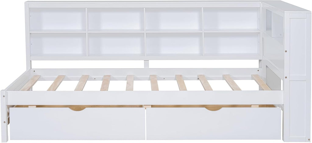 Harper & Bright Designs Twin Size Daybed with 2 Storage Drawers, Wooden Corner Bed Frame with Storage Shelf and USB Charging Ports for Kids Teens, White