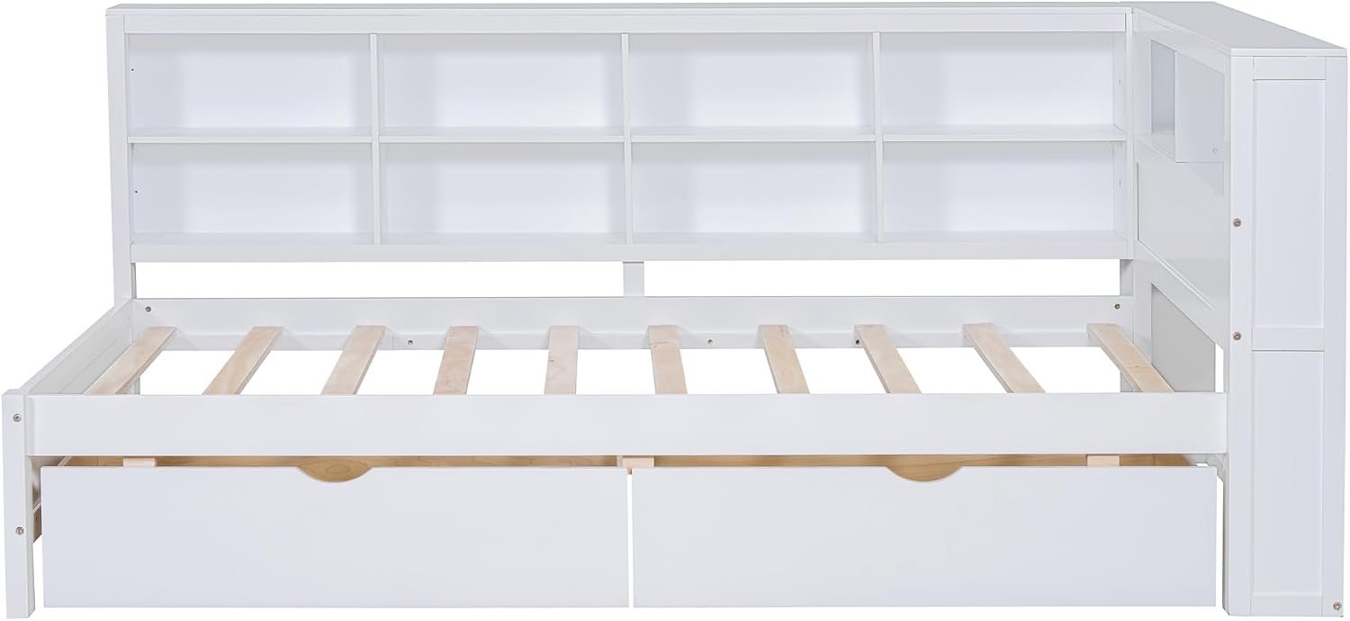 Harper & Bright Designs Twin Size Daybed with 2 Storage Drawers, Wooden Corner Bed Frame with Storage Shelf and USB Charging Ports for Kids Teens, White