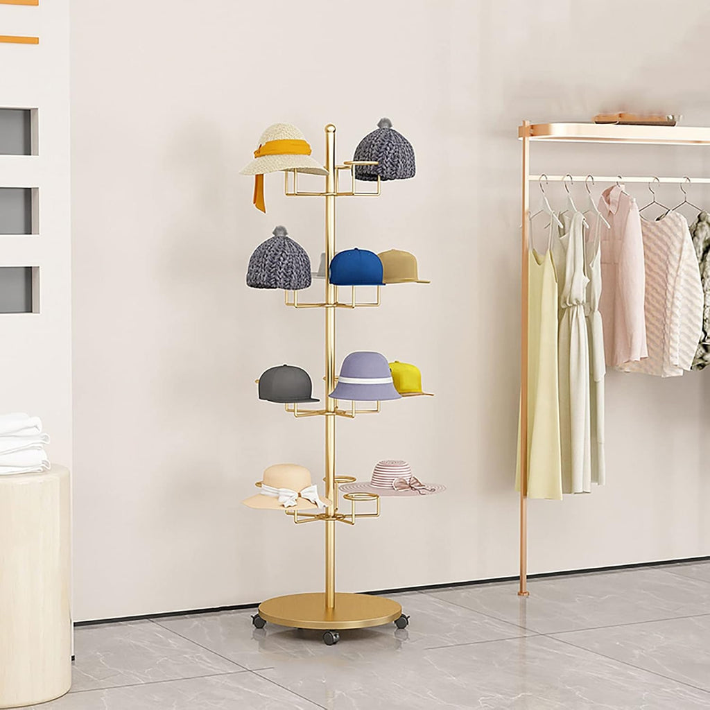 Hat Rack Hat Display Stand Floor Standing Gold Hat Racks Organisers with Wheels, Commercial Multi-Layer Hat Holder Stand for Cowboy/Baseball Caps, Large Capacity